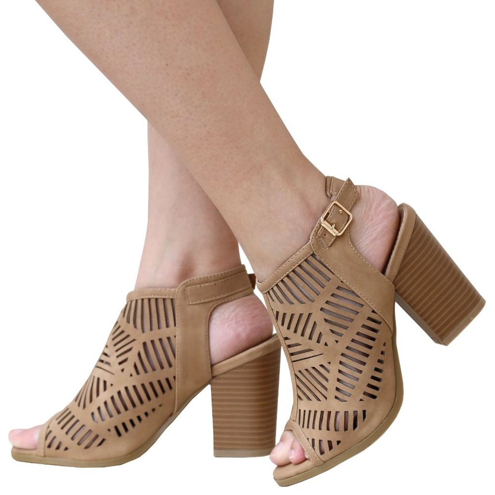 New Tan Cutout Chunky Heel Ankle Booties Sandals